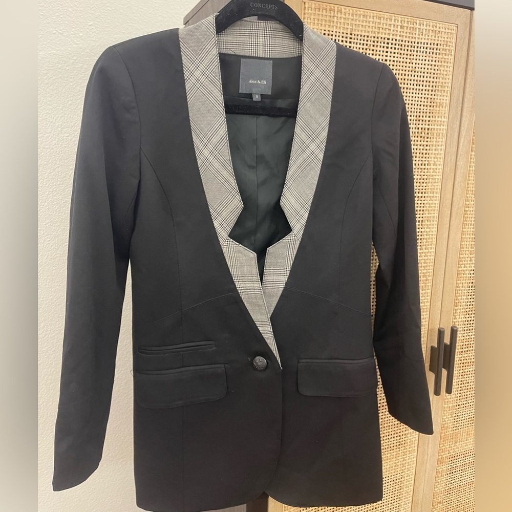 Alex & Eli 100% Wool Black Blazer with Plaid Detailing Size 0